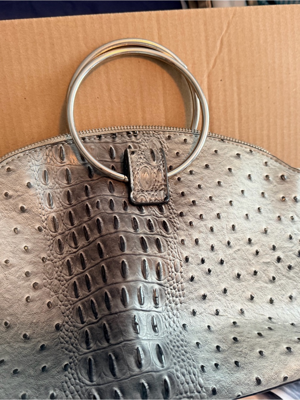 Women's Metallic Croc-Embossed Ring Handle Handbag - Silver